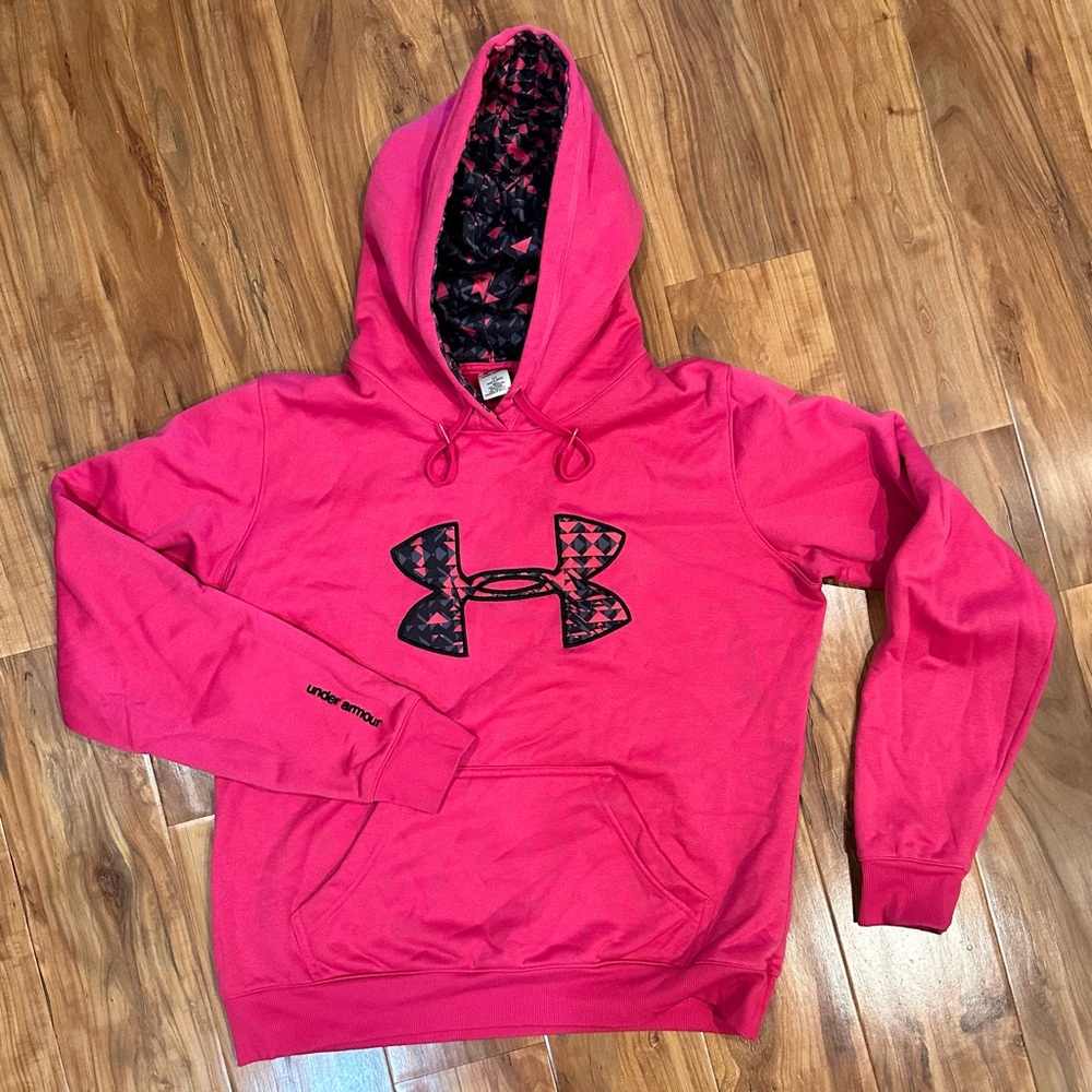 Under Armour Hoodie, Women Medium, Bright Pink with geometric logo & inside hood